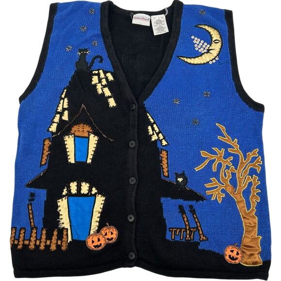 VTG 90s y2k Women's Bobbie Brooks Halloween Haunted House Knit Sweater Vest Sz L - Picture 1 of 7